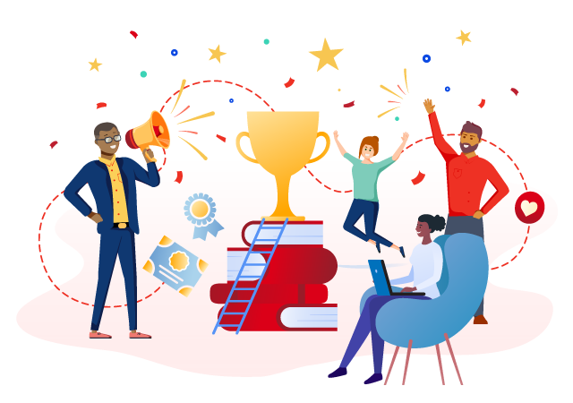 Illustration of four people celebrating book award announcements